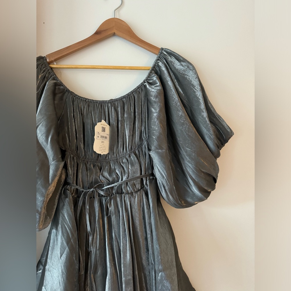 Altar’d State gray silver shiny dress with puffed sleeves